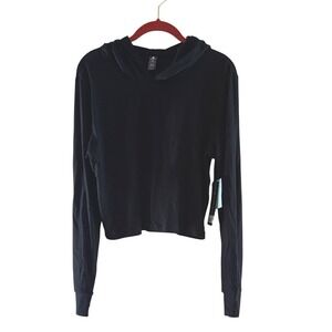 VELOCITY Black Ribbed Cropped Hoodie Long Sleeve XL Athleisure‎